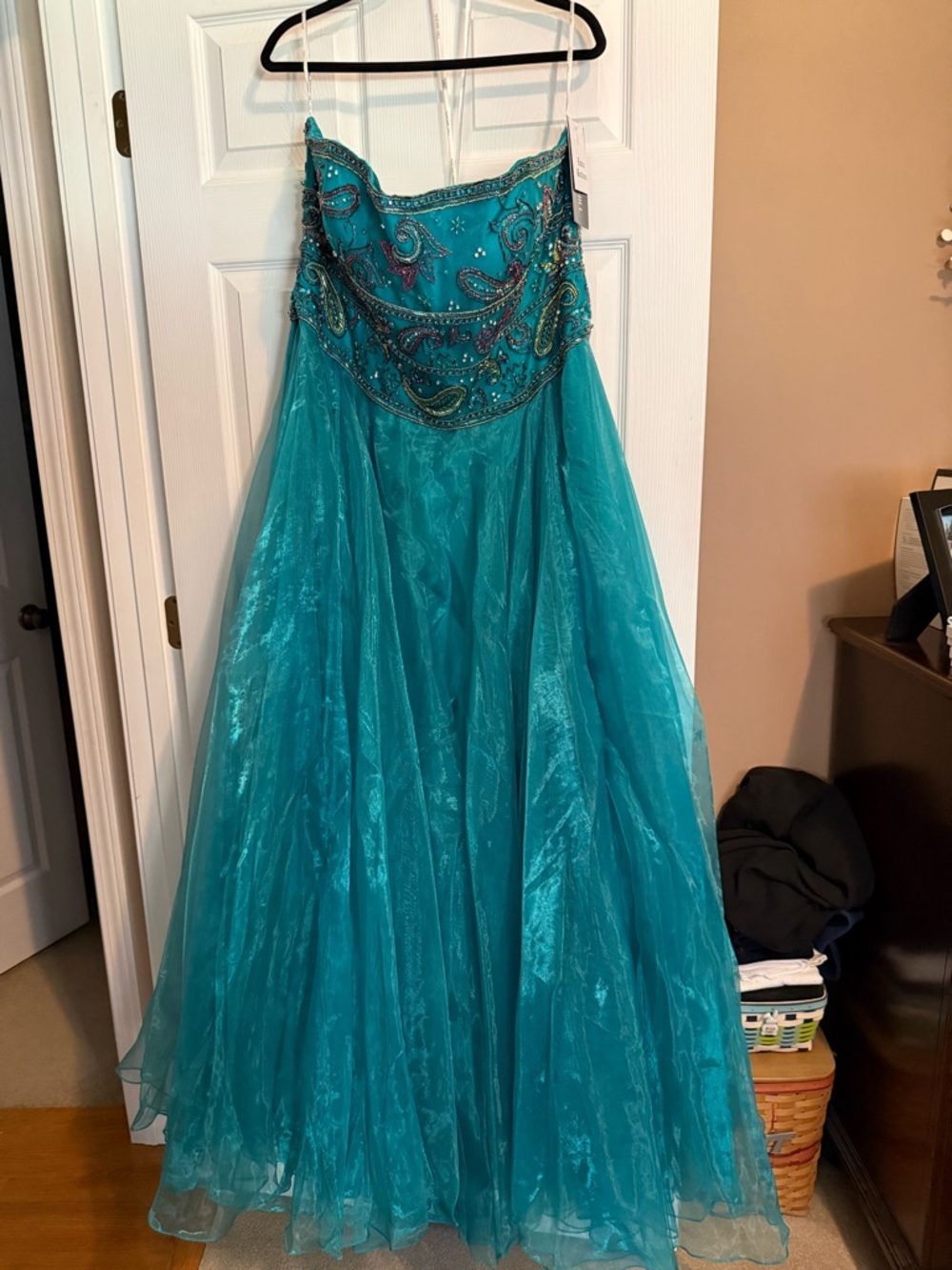 Sherri Hill Teal Beaded Strapless Gown